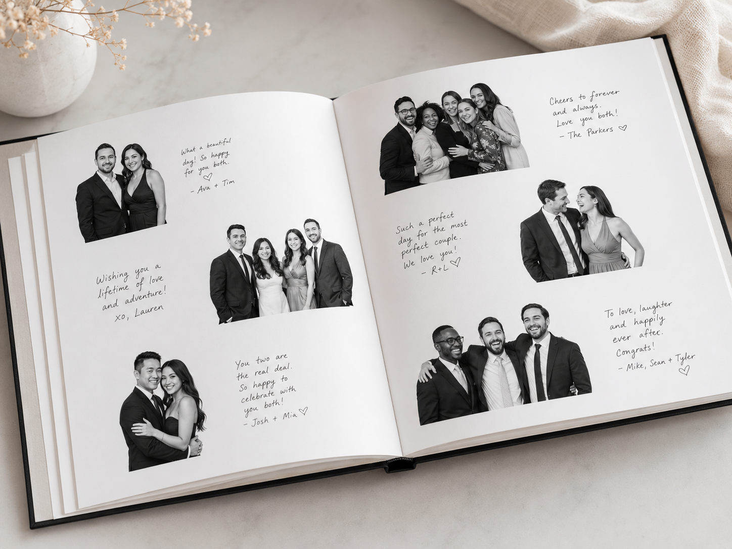 Open event guest book filled with finished guest portraits
